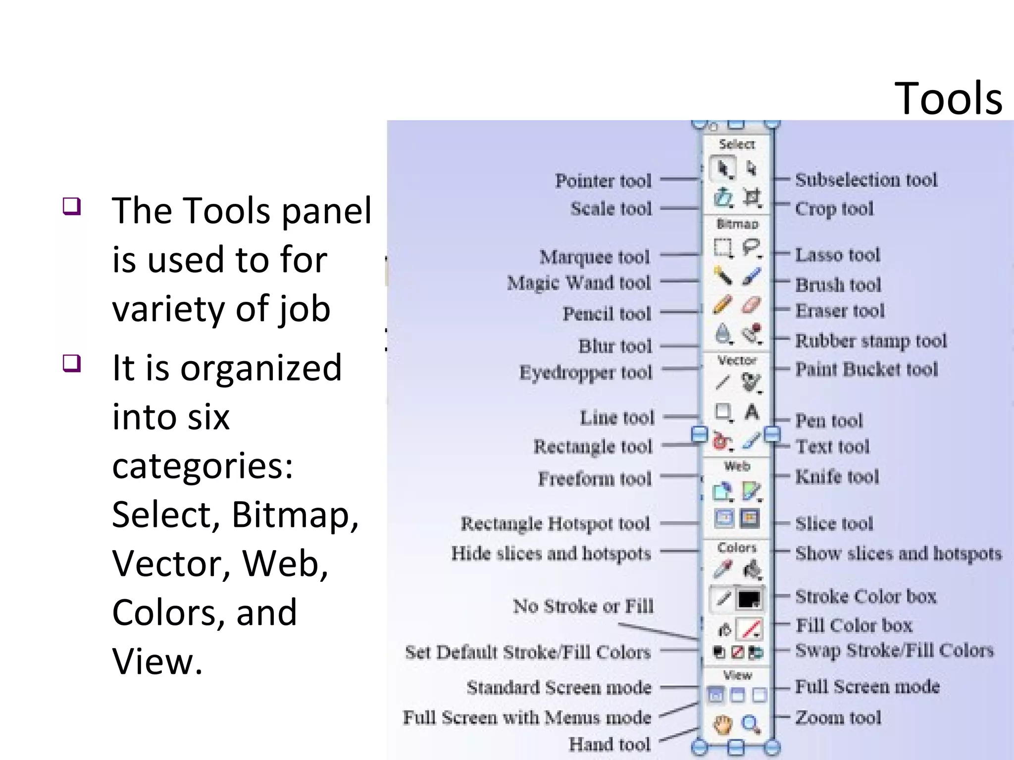 Tools The Tools panel is used to for variety of job It is organized into six categories: Select, Bitmap, Vector, Web, Colors, and View.  