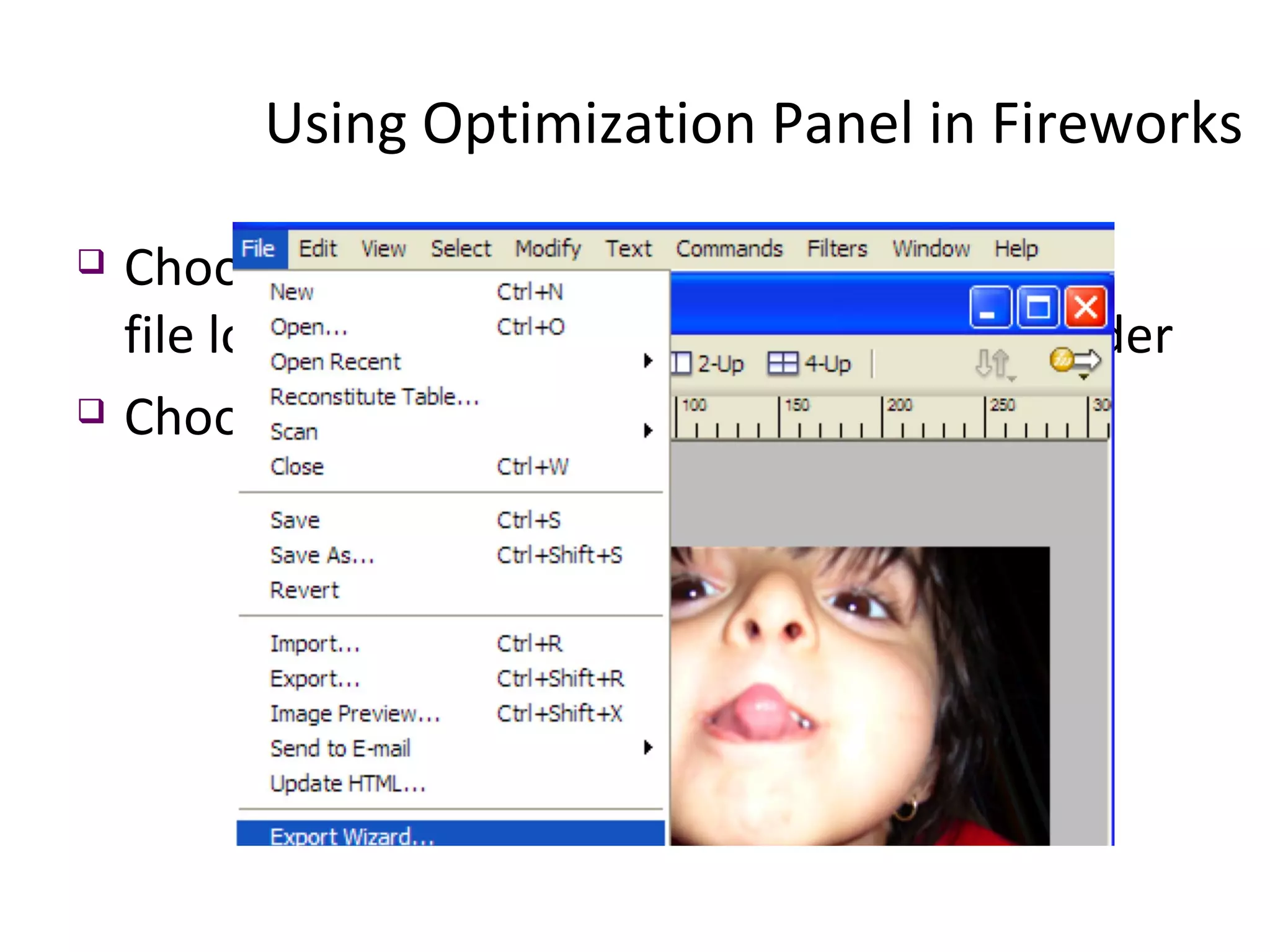 Using Optimization Panel in Fireworks  Choose File > Open, to open “optimize.jpg” file located inside  tutorial_source_files  folder Choose File >Export wizard 