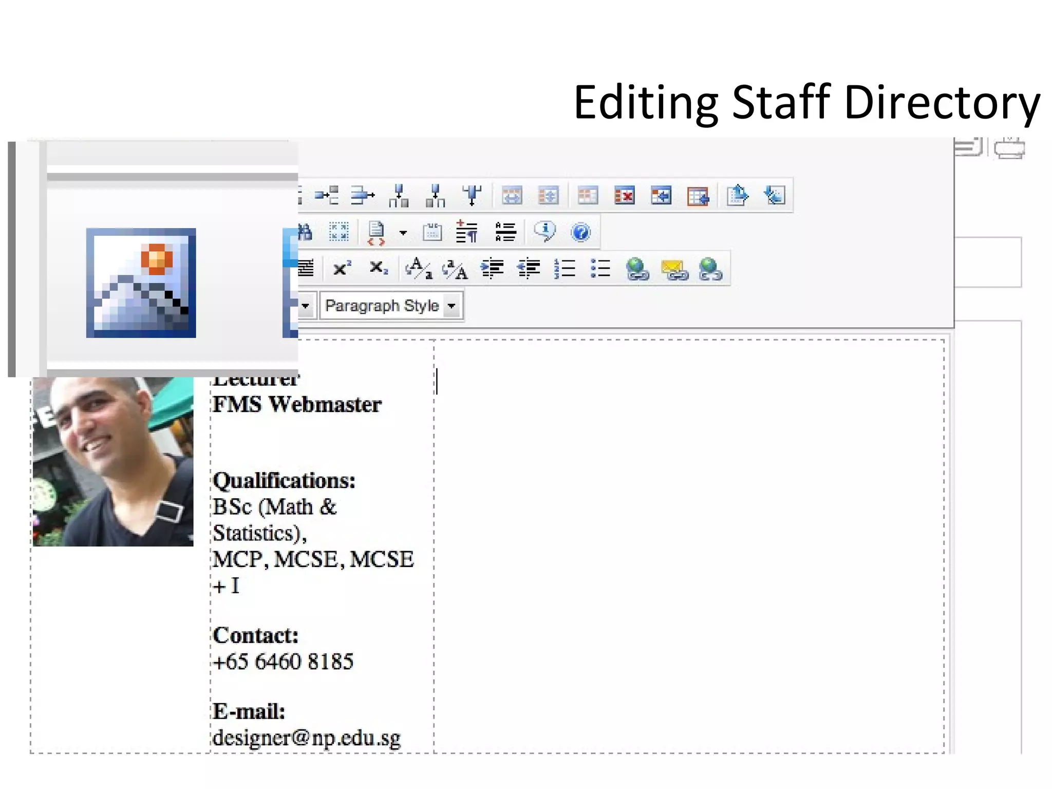 in the first column, insert your photo second column your qualification and job title third column is reserved for your profile Editing Staff Directory 