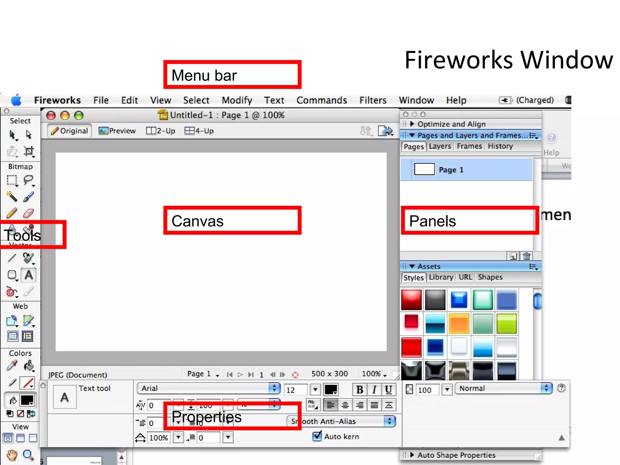 Fireworks Window Canvas Tools Menu bar Panels Properties 