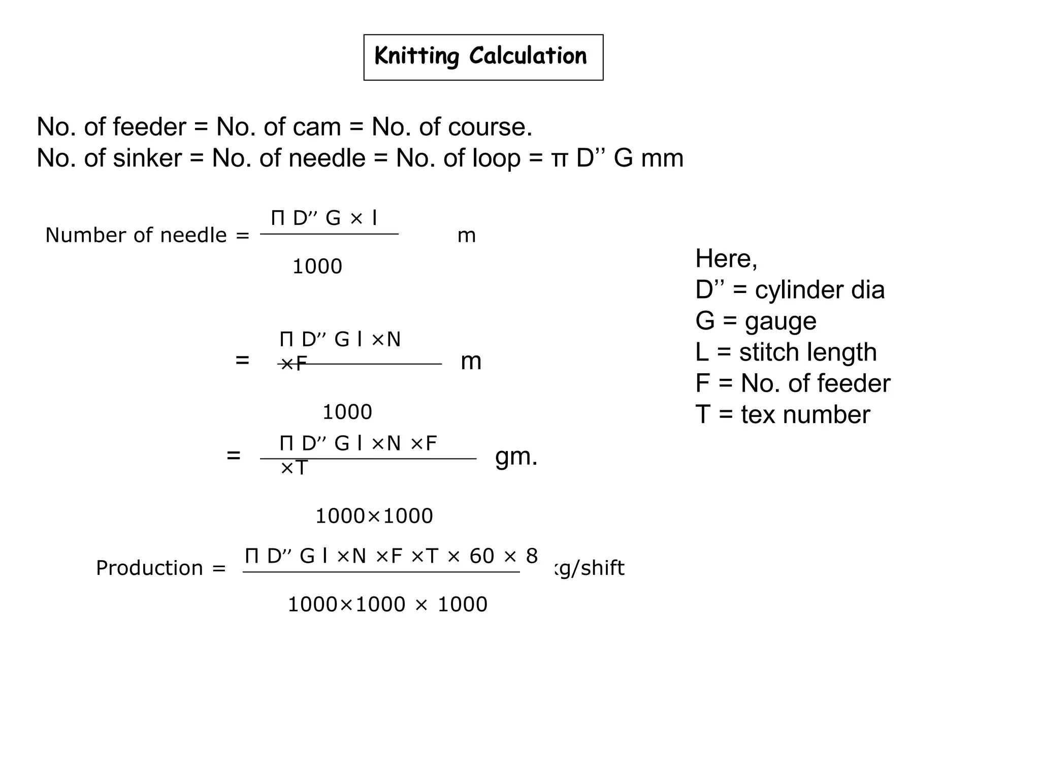 Knitting Calculation

No. of feeder = No. of cam = No. of course.
No. of sinker = No. of needle = No. of loop = π D’’ G mm
Number of needle =

Π D’’ G × l

m

Here,
D’’ = cylinder dia
G = gauge
L = stitch length
F = No. of feeder
T = tex number

1000

=

Π D’’ G l ×N
×F

m

1000

=

Π D’’ G l ×N ×F
×T

gm.

1000×1000
Production =

Π D’’ G l ×N ×F ×T × 60 × 8
1000×1000 × 1000

kg/shift

 