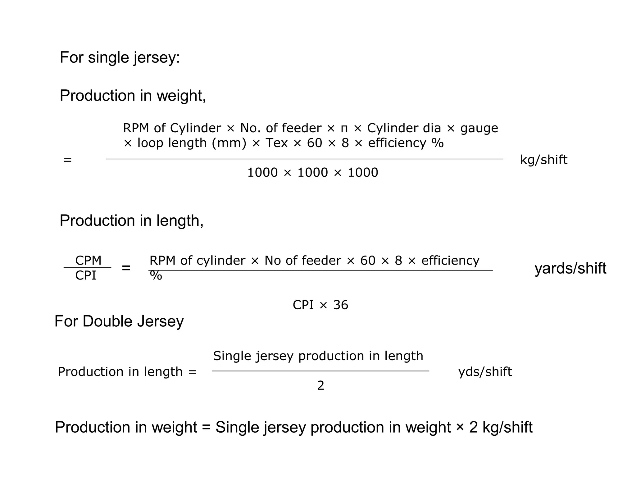 For single jersey:
Production in weight,
RPM of Cylinder × No. of feeder × π × Cylinder dia × gauge
× loop length (mm) × Tex × 60 × 8 × efficiency %
=

kg/shift

1000 × 1000 × 1000

Production in length,
CPM
CPI

=

RPM of cylinder × No of feeder × 60 × 8 × efficiency
%
CPI × 36

For Double Jersey
Single jersey production in length
Production in length =

2

yds/shift

Production in weight = Single jersey production in weight × 2 kg/shift

yards/shift

 