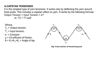 A.CAPSTAN TENSIONER
It is the simplest type of yarn tensioner. It works only by deflecting the yarn around
fixed posts. This includes a capstan effect on yarn. It works by the following formula:
Output Tension = Input Tension × eμθ
or, T2 = T1 eμθ
Where,
T2 = Output tension.
T1 = Input tension.
e = Constant
μ = Co-efficient of friction.
θ = θ1+θ-2+θ3 = Angle of lap.

 