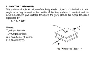 B. ADDITIVE TENSIONER
This is also a simple technique of applying tension of yarn. In this device a dead
weight or spring is used in the middle of the two surfaces in contact and the
force is applied to give suitable tension to the yarn. Hence the output tension is
expressed by,
T2 = T1 + 2μF
Where,
T1 = Input tension.
T2 = Output tension.
µ = Co-efficient of friction.
F = Applied force.

 