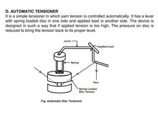 D. AUTOMATIC TENSIONER
It is a simple tensioner in which yarn tension is controlled automatically. It has a lever
with spring loaded disc in one side and applied load in another side. The device is
designed in such a way that if applied tension is too high. The pressure on disc is
reduced to bring the tension back to its proper level.

 
