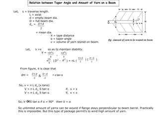 Relation between Taper Angle and Amount of Yarn on a Beam
Let,

s = traverse length.
L = axial
d = empty beam dia.
D = full beam dia.
dm =
= mean dia.
X = tape distance
α = taper angle
v = volume of yarn stored on beam.
Let,

s >x

V=

so as to maintain stability.

=

(

-

) = πL (

)(

)

From figure, it is clear that
dm =

= x tan α

So, v = π L dm (x tanα)
V > π L dm S tan α
V < π L dm S tan α
So, V

S tan α if α = 90°

if, x > s
if, x < s
then V = α

So unlimited amount of yarns can be wound if flange stays perpendicular to beam barrel. Practically
this is impossible. But this type of package permit’s to wind high amount of yarn.

 