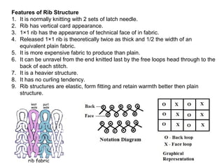 Features of Rib Structure
1. It is normally knitting with 2 sets of latch needle.
2. Rib has vertical card appearance.
3. 1×1 rib has the appearance of technical face of in fabric.
4. Released 1×1 rib is theoretically twice as thick and 1/2 the width of an
equivalent plain fabric.
5. It is more expensive fabric to produce than plain.
6. It can be unravel from the end knitted last by the free loops head through to the
back of each stitch.
7. It is a heavier structure.
8. It has no curling tendency.
9. Rib structures are elastic, form fitting and retain warmth better then plain
structure.

 