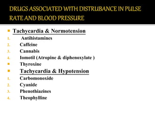  Tachycardia & Normotension
1. Antihistamines
2. Caffeine
3. Cannabis
4. Iomotil (Atropine & diphenoxylate )
 Thyroxine
 Tachycardia & Hypotension
1. Carbomonoxide
2. Cyanide
3. Phenothiazines
4. Theophylline
 