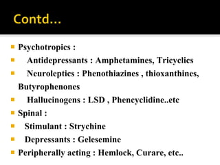  Psychotropics :
 Antidepressants : Amphetamines, Tricyclics
 Neuroleptics : Phenothiazines , thioxanthines,
Butyrophenones
 Hallucinogens : LSD , Phencyclidine..etc
 Spinal :
 Stimulant : Strychine
 Depressants : Gelesemine
 Peripherally acting : Hemlock, Curare, etc..
 