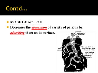  MODE OF ACTION
 Decreases the absorption of variety of poisons by
adsorbing them on its surface.
 