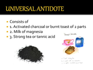  Consists of
 1. Activated charcoal or burnt toast of 2 parts
 2. Milk of magnesia
 3. Strong tea or tannic acid
 