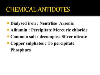  Dialysed iron : Neutrlise Arsenic
 Albumin : Percipitate Mercuric chloride
 Common salt : decompose Silver nitrate
 Copper sulphates : To percipitate
Phosphurs
 