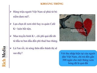 KHOẢNG TRỐNG
 Hàng triệu người Việt Nam sẽ phải từ bỏ
niềm đam mê?.
 Lựa chọn đi xem nhờ hay ra quán Café
K+ luôn bất tiện.
 Mua truyền hình K+, chí phí quá đắt đỏ
từ đầu tư ban đầu đến phí thuê bao tháng.
 Là Fan rồi, từ nông thôn đến thành thị sẽ
sao đây? Với thu nhập hiện tại của người
dân Việt Nam, chi trả đến gần
300 ngàn cho một tháng xem
bóng đã là quá đắt
 