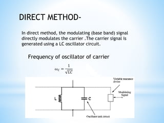 DIRECT METHOD-
Frequency of oscillator of carrier
𝜔 𝐶 =
1
𝐿𝐶
In direct method, the modulating (base band) signal
directly modulates the carrier .The carrier signal is
generated using a LC oscillator circuit.
 