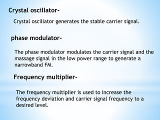 Crystal oscillator-
Crystal oscillator generates the stable carrier signal.
The phase modulator modulates the carrier signal and the
massage signal in the low power range to generate a
narrowband FM.
phase modulator-
Frequency multiplier-
The frequency multiplier is used to increase the
frequency deviation and carrier signal frequency to a
desired level.
 
