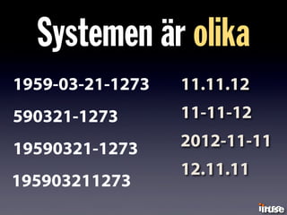 Systemen är olika
11.11.12
11-11-12
2012-11-11
12.11.11
1959-03-21-1273
590321-1273
19590321-1273
195903211273
 