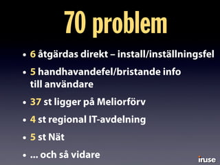 • 6 åtgärdas direkt – install/inställningsfel
• 5 handhavandefel/bristande info
till användare
• 37 st ligger på Meliorförv
• 4 st regional IT-avdelning
• 5 st Nät
• ... och så vidare
70 problem
 