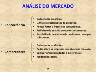 ANÁLISE DO MERCADO

                 •   Dados sobre empresas.
                 •   Linhas e características de produtos.
• Concorrência   •   Pontos fortes e fracos dos concorrentes.
                 •   Facilidade de entrada de novos concorrentes.
                 •   Possibilidade de entrada de produtos ou serviços
                     substitutos.

                 •   Dados sobre os clientes.
                 •   Poder sobre as empresas que atuam no mercado.
• Compradores    •   Comportamento: atitudes e preferências.
                 •   Tendências sociais.



                              21
 