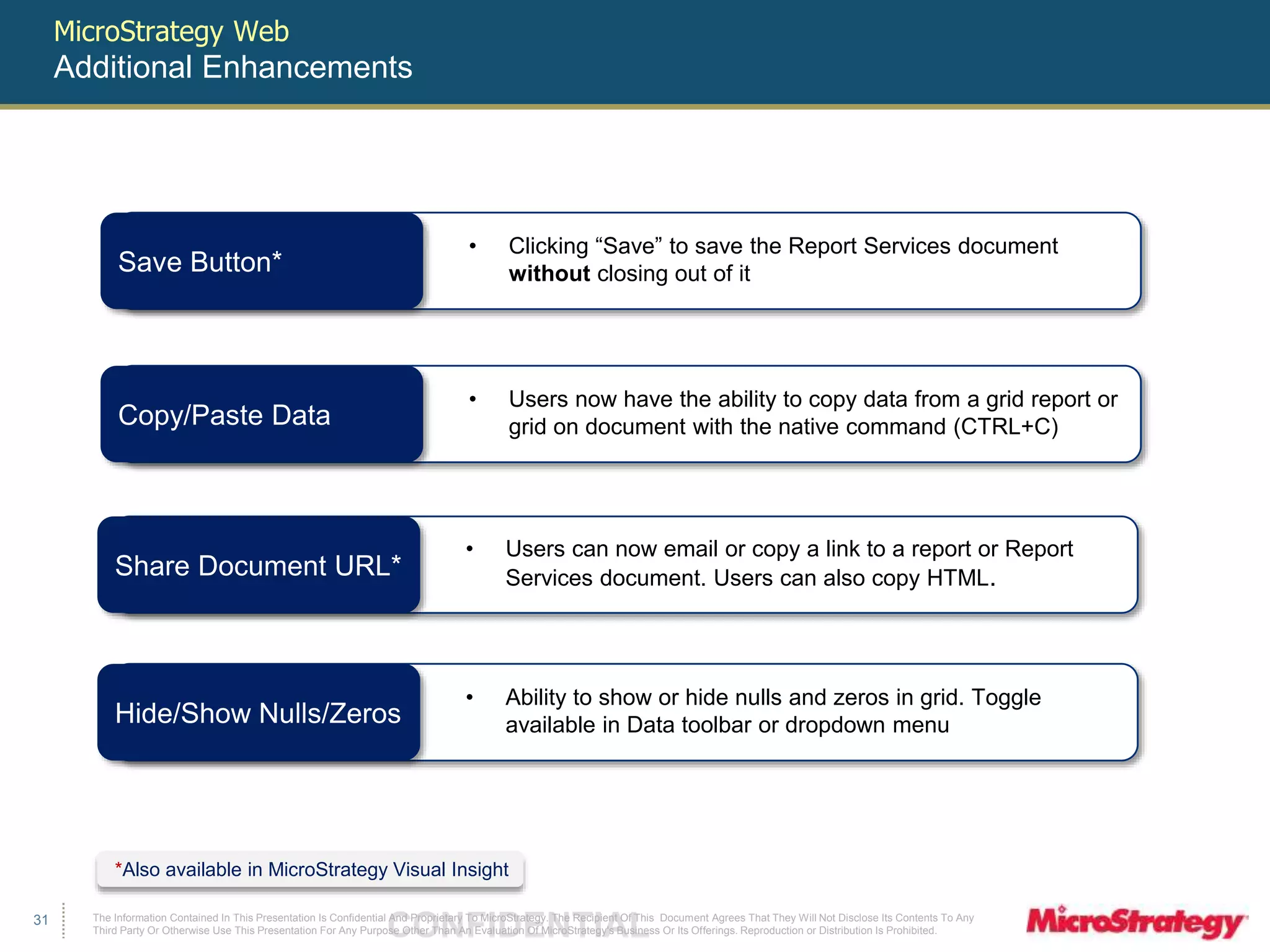 MicroStrategy Web 
Additional Enhancements 
The Information Contained In This Presentation Is Confidential CONFIDENTIAL And Proprietary To MicroStrategy. The Recipient Of This Document Agrees That They Will Not Disclose Its Contents To Any 
Third Party Or Otherwise Use This Presentation For Any Purpose Other Than An Evaluation Of MicroStrategy's Business Or Its Offerings. Reproduction or Distribution Is Prohibited. 
31 
• Clicking “Save” to save the Report Services document 
without closing out of it Save Button* 
• Users now have the ability to copy data from a grid report or 
grid on document with the native command (CTRL+C) Copy/Paste Data 
• Users can now email or copy a link to a report or Report 
Share Document URL* Services document. Users can also copy HTML. 
• Ability to show or hide nulls and zeros in grid. Toggle 
available in Data toolbar or dropdown menu Hide/Show Nulls/Zeros 
*Also available in MicroStrategy Visual Insight 
 