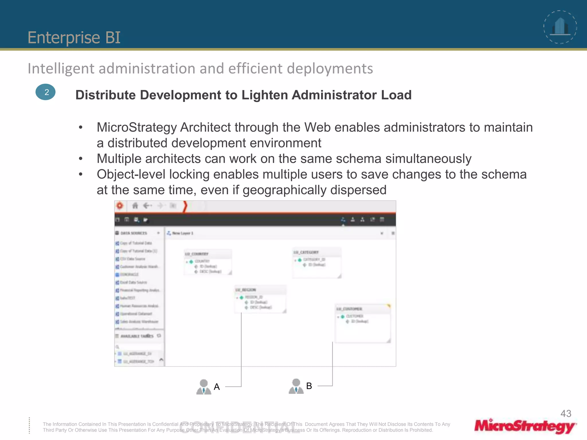 Enterprise BI 
Intelligent administration and efficient deployments 
2 Distribute Development to Lighten Administrator Load 
• MicroStrategy Architect through the Web enables administrators to maintain 
a distributed development environment 
• Multiple architects can work on the same schema simultaneously 
• Object-level locking enables multiple users to save changes to the schema 
at the same time, even if geographically dispersed 
A B 
The Information Contained In This Presentation Is Confidential CONFIDENTIAL And Proprietary To MicroStrategy. The Recipient Of This Document Agrees That They Will Not Disclose Its Contents To Any 
Third Party Or Otherwise Use This Presentation For Any Purpose Other Than An Evaluation Of MicroStrategy's Business Or Its Offerings. Reproduction or Distribution Is Prohibited. 
43 
 