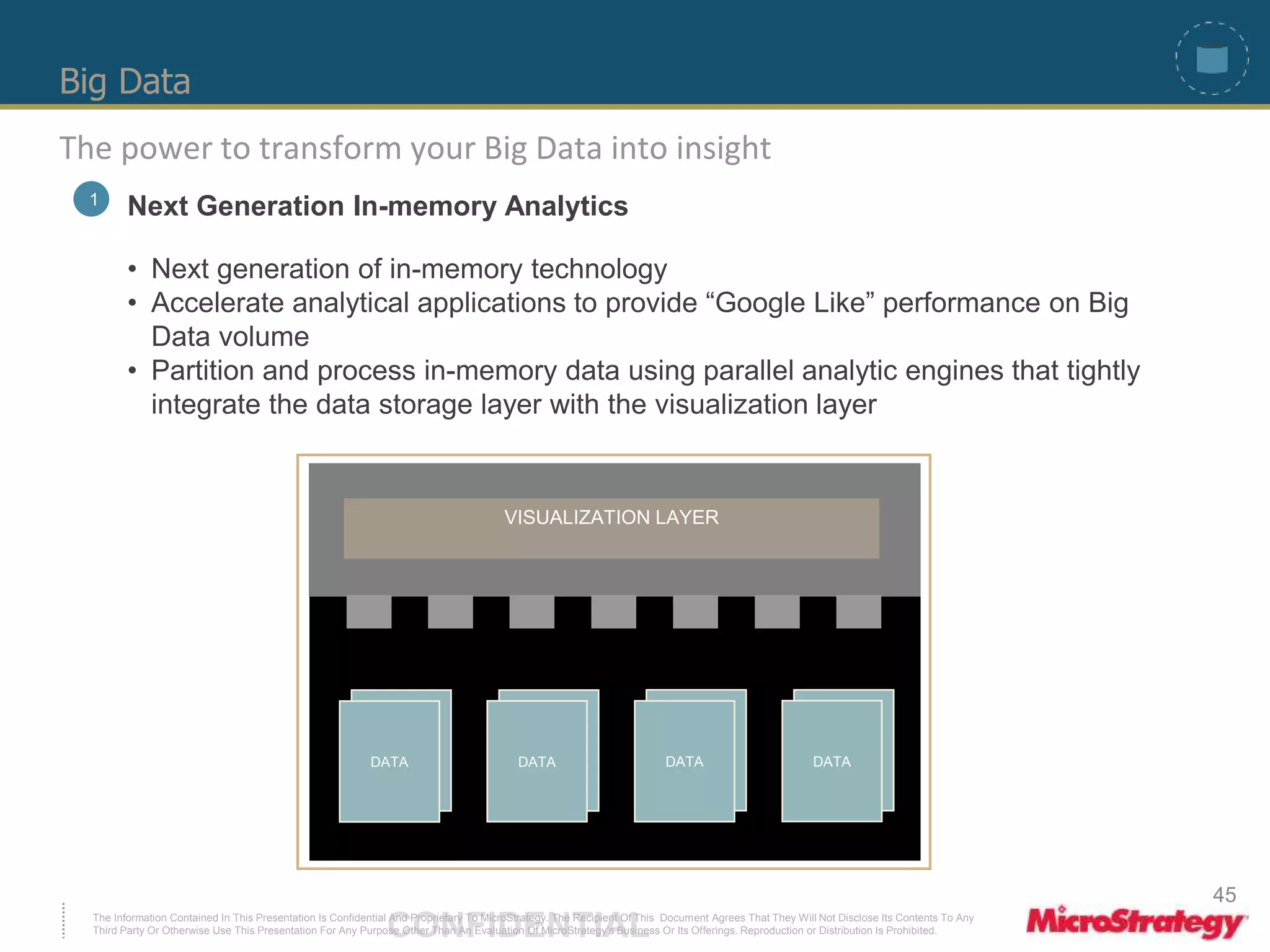 Big Data 
The power to transform your Big Data into insight 
1 Next Generation In-memory Analytics 
• Next generation of in-memory technology 
• Accelerate analytical applications to provide “Google Like” performance on Big 
Data volume 
• Partition and process in-memory data using parallel analytic engines that tightly 
integrate the data storage layer with the visualization layer 
VISUALIZATION LAYER 
DATA 
DATA 
DATA 
DATA 
DATA 
DATA 
DATA 
DATA 
The Information Contained In This Presentation Is Confidential CONFIDENTIAL And Proprietary To MicroStrategy. The Recipient Of This Document Agrees That They Will Not Disclose Its Contents To Any 
Third Party Or Otherwise Use This Presentation For Any Purpose Other Than An Evaluation Of MicroStrategy's Business Or Its Offerings. Reproduction or Distribution Is Prohibited. 
45 
 