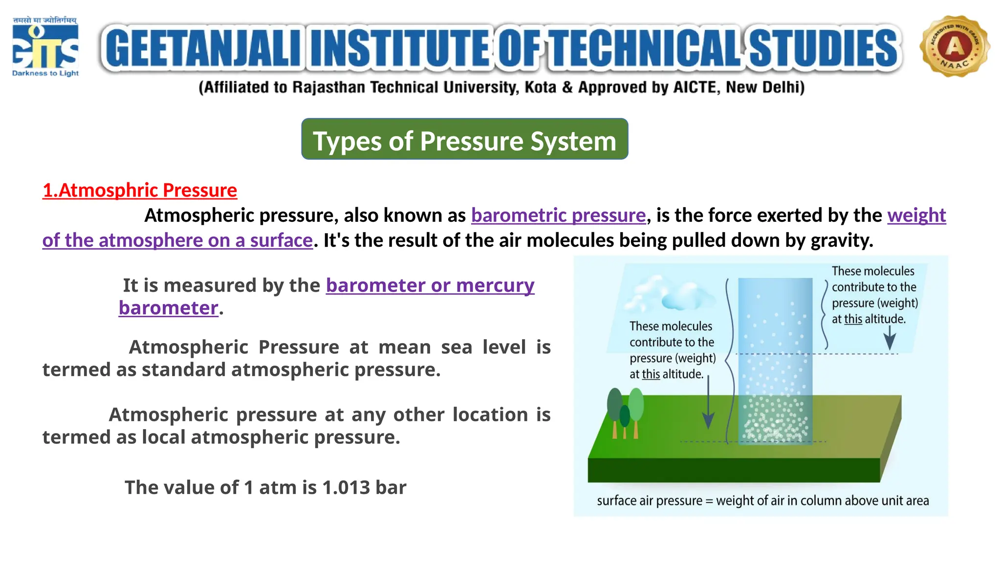 Types of Pressure System
1.Atmosphric Pressure
Atmospheric pressure, also known as barometric pressure, is the force exerted by the weight
of the atmosphere on a surface. It's the result of the air molecules being pulled down by gravity.
Atmospheric Pressure at mean sea level is
termed as standard atmospheric pressure.
Atmospheric pressure at any other location is
termed as local atmospheric pressure.
It is measured by the barometer or mercury
barometer.
The value of 1 atm is 1.013 bar
 
