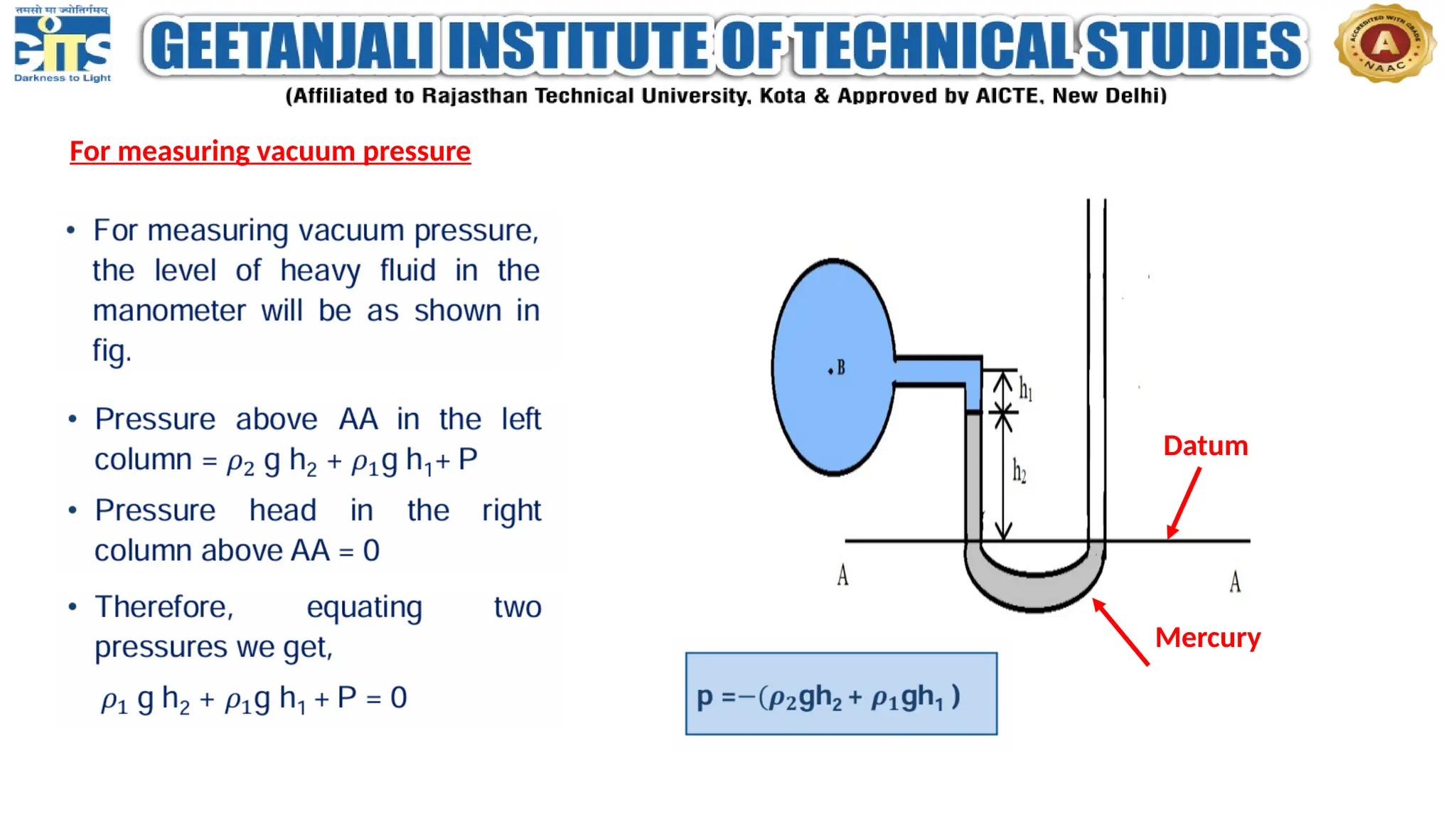 For measuring vacuum pressure
Datum
Mercury
 