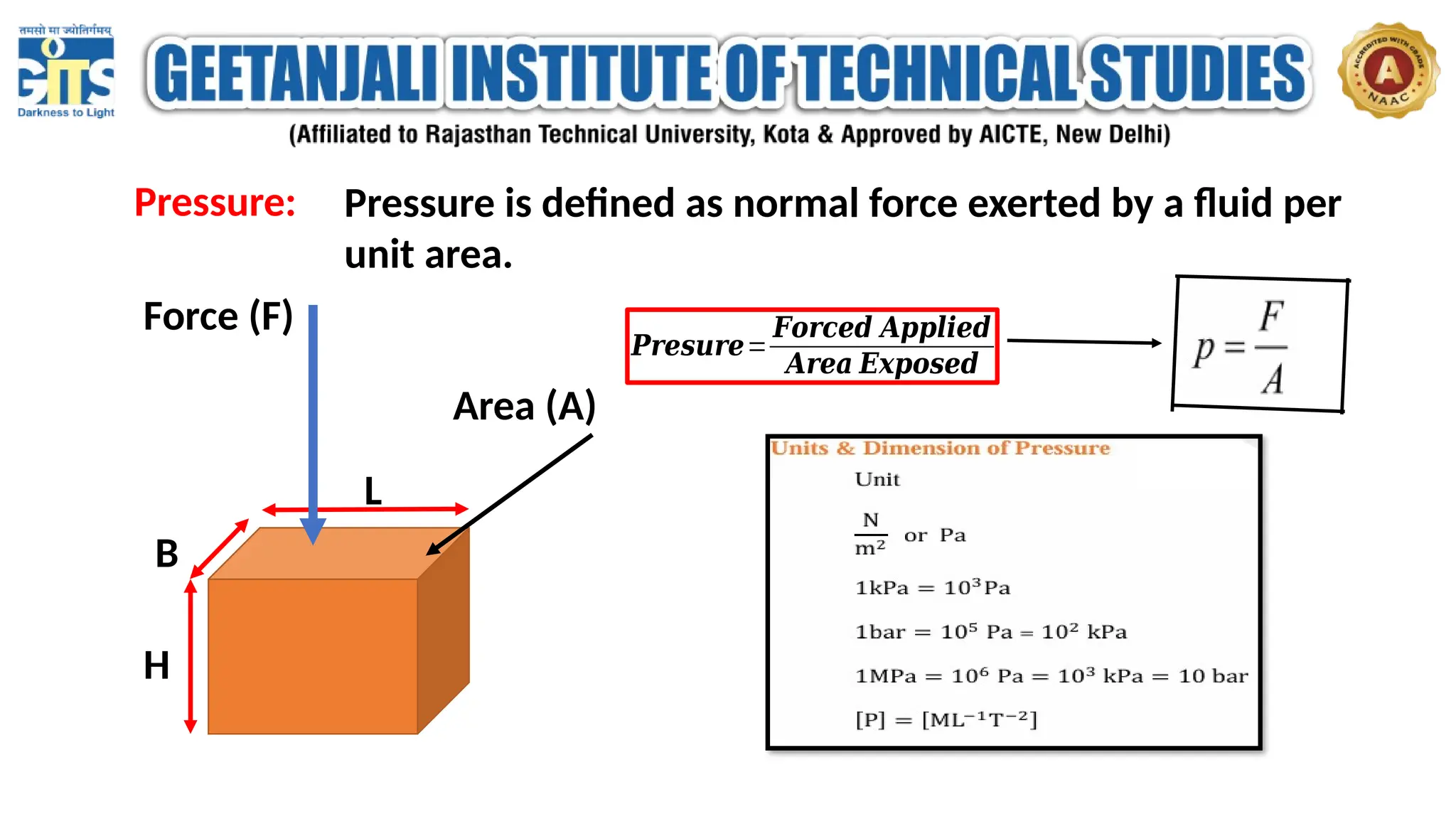 Pressure:
L
B
Area (A)
H
Pressure is defined as normal force exerted by a fluid per
unit area.
Force (F)
𝑷𝒓𝒆𝒔𝒖𝒓𝒆=
𝑭𝒐𝒓𝒄𝒆𝒅 𝑨𝒑𝒑𝒍𝒊𝒆𝒅
𝑨𝒓𝒆𝒂 𝑬𝒙𝒑𝒐𝒔𝒆𝒅
 