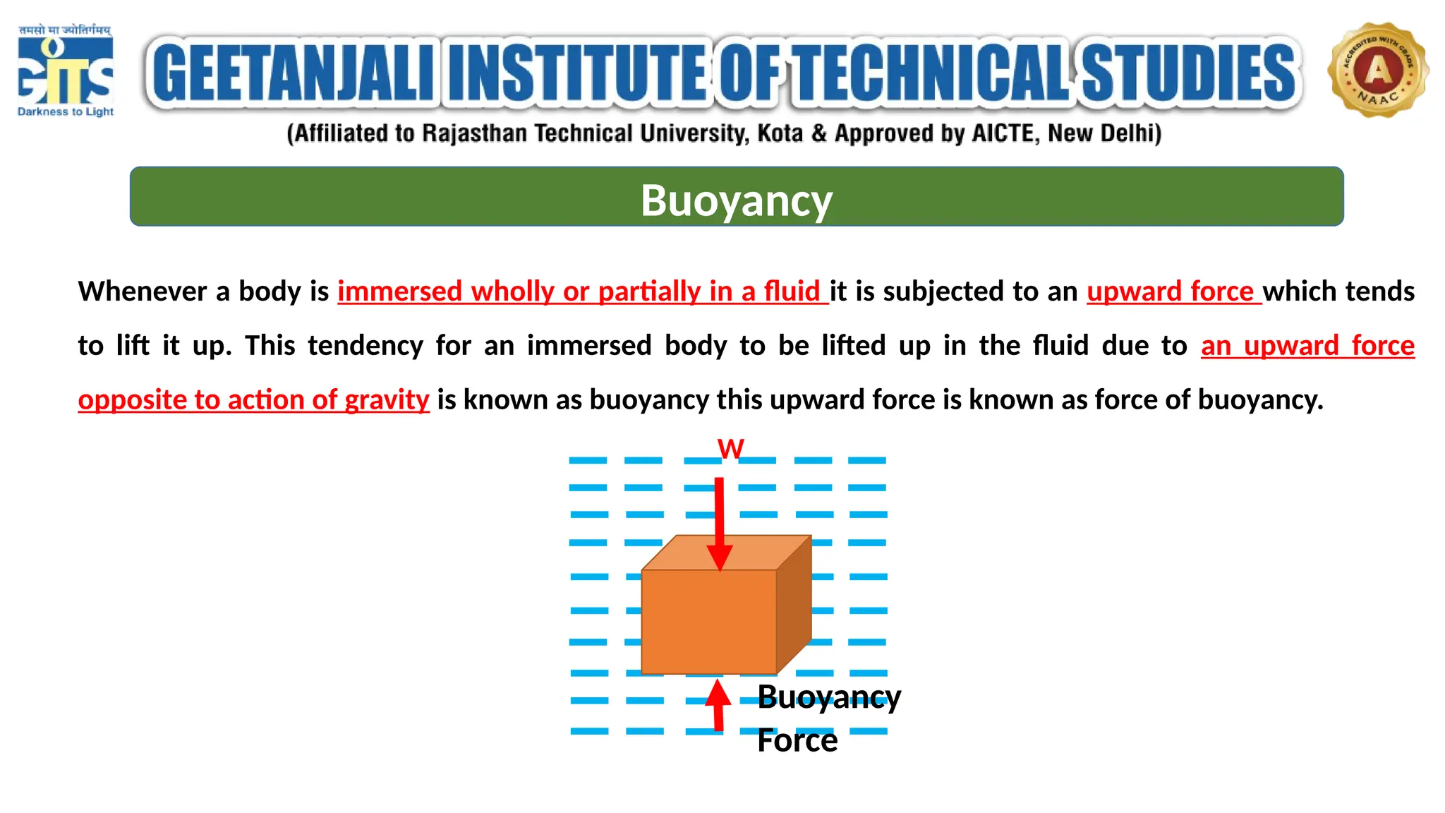 Buoyancy
Whenever a body is immersed wholly or partially in a fluid it is subjected to an upward force which tends
to lift it up. This tendency for an immersed body to be lifted up in the fluid due to an upward force
opposite to action of gravity is known as buoyancy this upward force is known as force of buoyancy.
W
Buoyancy
Force
 