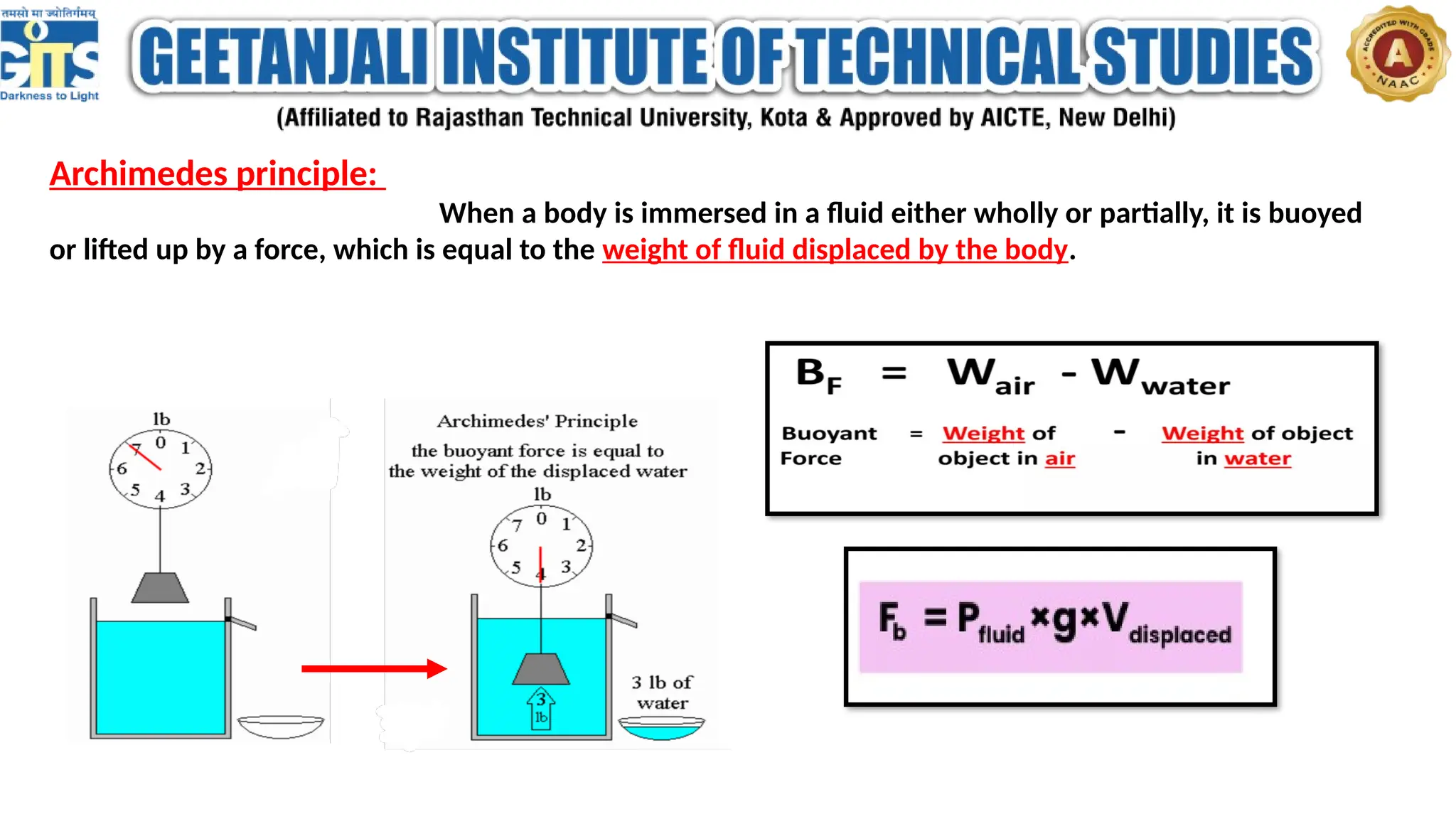 Archimedes principle:
When a body is immersed in a fluid either wholly or partially, it is buoyed
or lifted up by a force, which is equal to the weight of fluid displaced by the body.
 