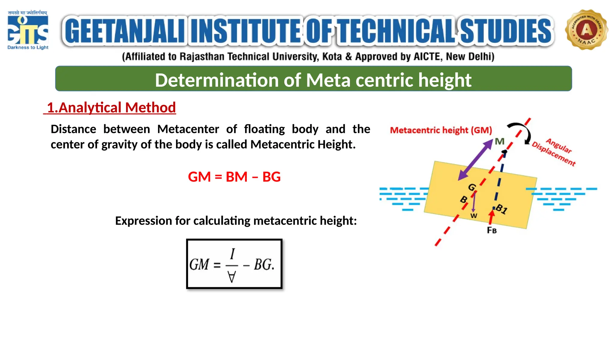 Determination of Meta centric height
1.Analytical Method
Distance between Metacenter of floating body and the
center of gravity of the body is called Metacentric Height.
GM = BM – BG
Expression for calculating metacentric height:
 