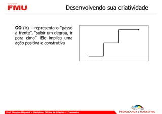 Desenvolvendo sua criatividade


        GO (ir) – representa o “passo
        a frente”, “subir um degrau, ir
        para cima”. Ele implica uma
        ação positiva e construtiva




Prof. Douglas Miquelof – Disciplina: Oficina de Criação – 1° semestre
 