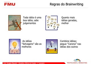 Regras do Brainwriting


                                Toda idéia é uma                               Quanto mais
                                boa idéia; adie                                idéias geradas,


                  X
                                julgamentos                                    melhor




                               As idéias                                      Combine idéias;
                              “Selvagens” são as                              pegue “Carona” nas
                              melhores                                        idéias dos outros




Prof. Douglas Miquelof – Disciplina: Oficina de Criação – 1° semestre
 