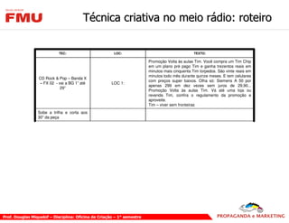*             4

          TEC:               LOC:                            TEXTO:

                                     Promoção Volta às aulas Tim. Você compra um Tim Chip
                                     em um plano pré pago Tim e ganha trezentos reais em
                                     minutos mais cinquenta Tim torpedos. São vinte reais em
                                     minutos todo mês durante quinze meses. E tem celulares
CD Rock & Pop – Banda X
                                     com preços super baixos. Olha só: Siemens A 50 por
– FX 02 - vai a BG 1” até   LOC 1:
                                     apenas 299 em dez vezes sem juros de 29,90...
           29”
                                     Promoção Volta às aulas Tim. Vá até uma loja ou
                                     revenda Tim, confira o regulamento da promoção e
                                     aproveite.
                                     Tim – viver sem fronteiras
Sobe a trilha e corta aos
30” da peça
 