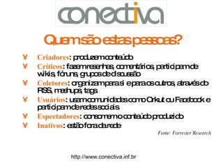 Quem são estas pessoas? Criadores : produzem conteúdo Críticos : fazem resenhas, comentários, participam de wikis, fóruns, grupos de discussão Coletores : organizam para si e para os outros, através do RSS, mashups, tags.  Usuários : usam comunidades como Orkut ou Facebook e participam de redes sociais.  Espectadores : consomem o conteúdo produzido  Inativos : estão fora da rede Fonte: Forrester Research http://www.conectiva.inf.br 