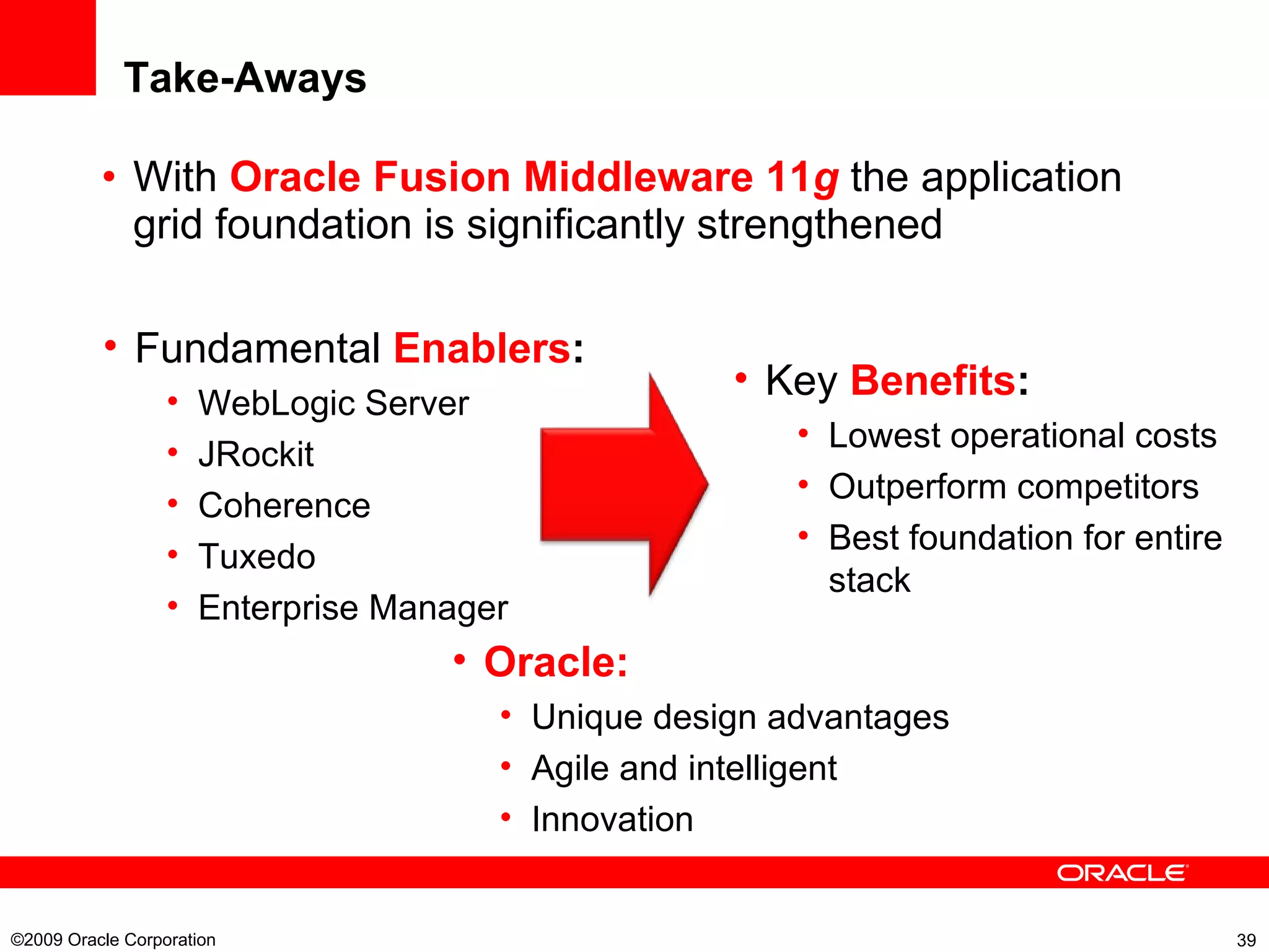Take-Aways With  Oracle Fusion Middleware 11 g   the application grid foundation is significantly strengthened ©2009 Oracle Corporation  Fundamental  Enablers : WebLogic Server JRockit Coherence Tuxedo Enterprise Manager Oracle: Unique design advantages Agile and intelligent Innovation Key  Benefits : Lowest operational costs Outperform competitors Best foundation for entire stack 