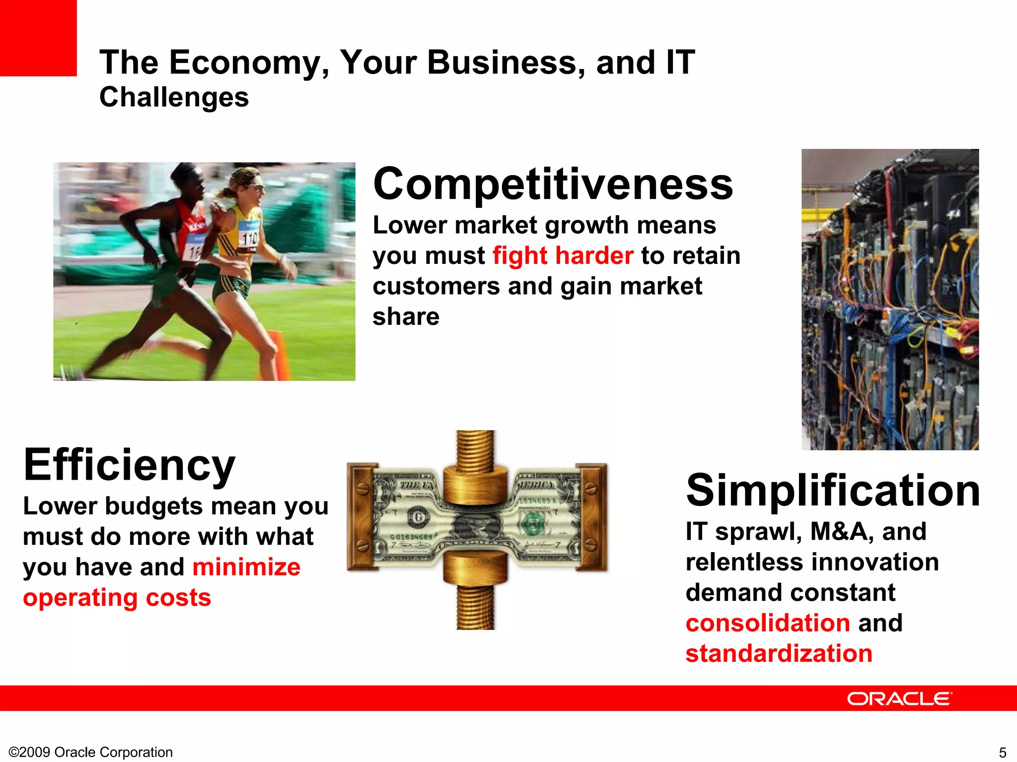 The Economy, Your Business, and IT Challenges ©2009 Oracle Corporation  Efficiency Lower budgets mean you must do more with what you have and  minimize operating costs Competitiveness Lower market growth means you must  fight harder  to retain customers and gain market share Simplification IT sprawl, M&A, and relentless innovation demand constant  consolidation  and  standardization 