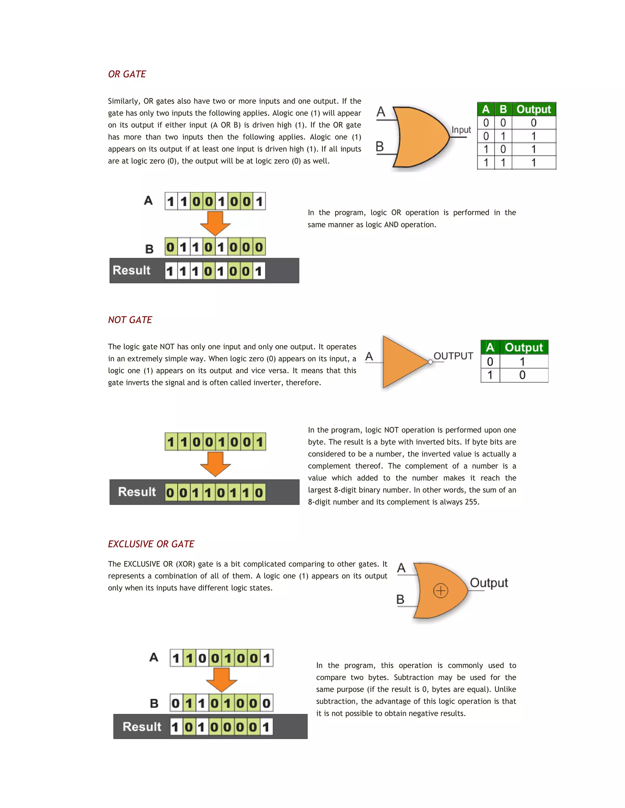 OR GATE
Similarly, OR gates also have two or more inputs and one output. If the
gate has only two inputs the following applies. Alogic one (1) will appear
on its output if either input (A OR B) is driven high (1). If the OR gate
has more than two inputs then the following applies. Alogic one (1)
appears on its output if at least one input is driven high (1). If all inputs
are at logic zero (0), the output will be at logic zero (0) as well.
In the program, logic OR operation is performed in the
same manner as logic AND operation.
NOT GATE
The logic gate NOT has only one input and only one output. It operates
in an extremely simple way. When logic zero (0) appears on its input, a
logic one (1) appears on its output and vice versa. It means that this
gate inverts the signal and is often called inverter, therefore.
In the program, logic NOT operation is performed upon one
byte. The result is a byte with inverted bits. If byte bits are
considered to be a number, the inverted value is actually a
complement thereof. The complement of a number is a
value which added to the number makes it reach the
largest 8-digit binary number. In other words, the sum of an
8-digit number and its complement is always 255.
EXCLUSIVE OR GATE
The EXCLUSIVE OR (XOR) gate is a bit complicated comparing to other gates. It
represents a combination of all of them. A logic one (1) appears on its output
only when its inputs have different logic states.
In the program, this operation is commonly used to
compare two bytes. Subtraction may be used for the
same purpose (if the result is 0, bytes are equal). Unlike
subtraction, the advantage of this logic operation is that
it is not possible to obtain negative results.
 