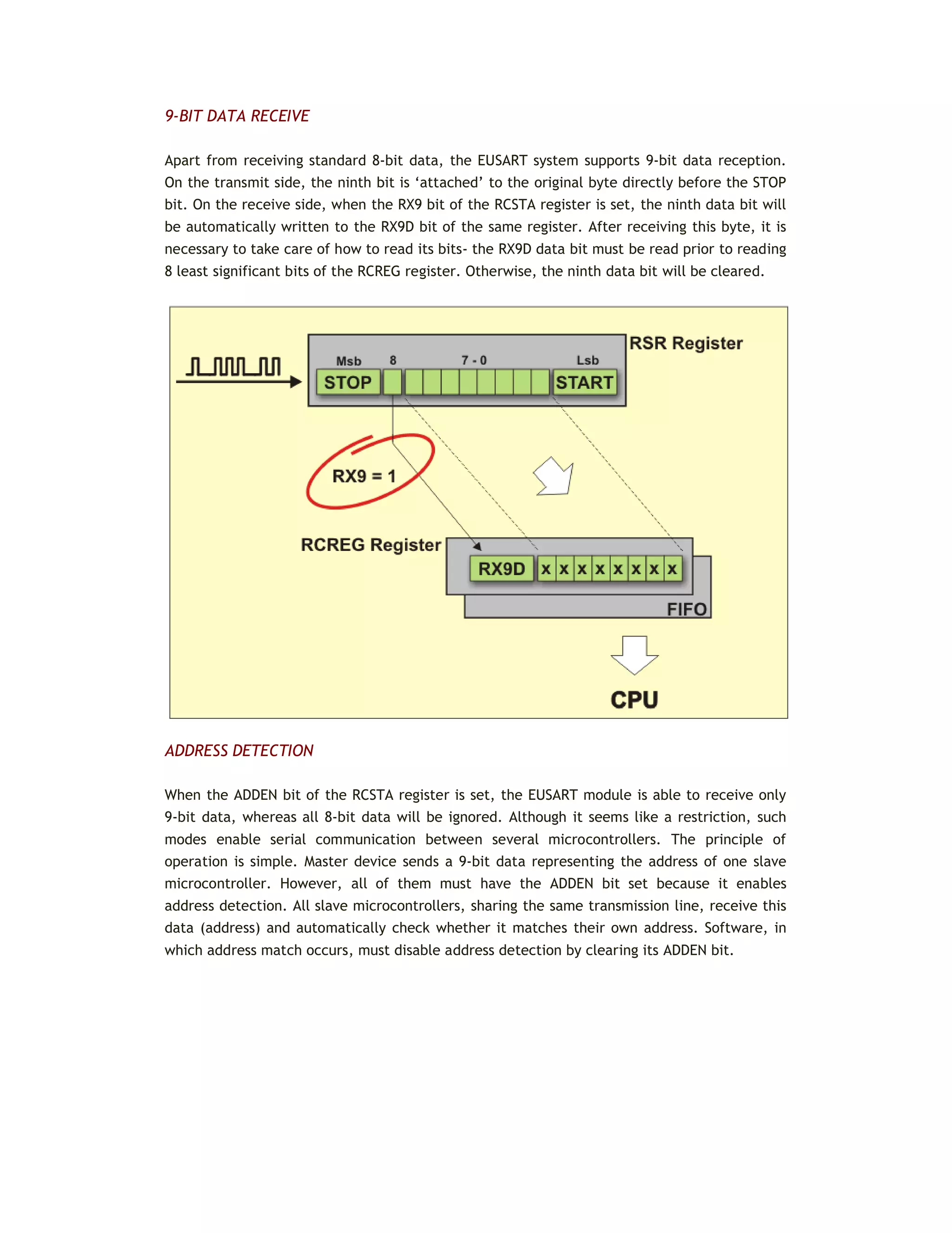 9-BIT DATA RECEIVE
Apart from receiving standard 8-bit data, the EUSART system supports 9-bit data reception.
On the transmit side, the ninth bit is ‘attached’ to the original byte directly before the STOP
bit. On the receive side, when the RX9 bit of the RCSTA register is set, the ninth data bit will
be automatically written to the RX9D bit of the same register. After receiving this byte, it is
necessary to take care of how to read its bits- the RX9D data bit must be read prior to reading
8 least significant bits of the RCREG register. Otherwise, the ninth data bit will be cleared.
ADDRESS DETECTION
When the ADDEN bit of the RCSTA register is set, the EUSART module is able to receive only
9-bit data, whereas all 8-bit data will be ignored. Although it seems like a restriction, such
modes enable serial communication between several microcontrollers. The principle of
operation is simple. Master device sends a 9-bit data representing the address of one slave
microcontroller. However, all of them must have the ADDEN bit set because it enables
address detection. All slave microcontrollers, sharing the same transmission line, receive this
data (address) and automatically check whether it matches their own address. Software, in
which address match occurs, must disable address detection by clearing its ADDEN bit.
 
