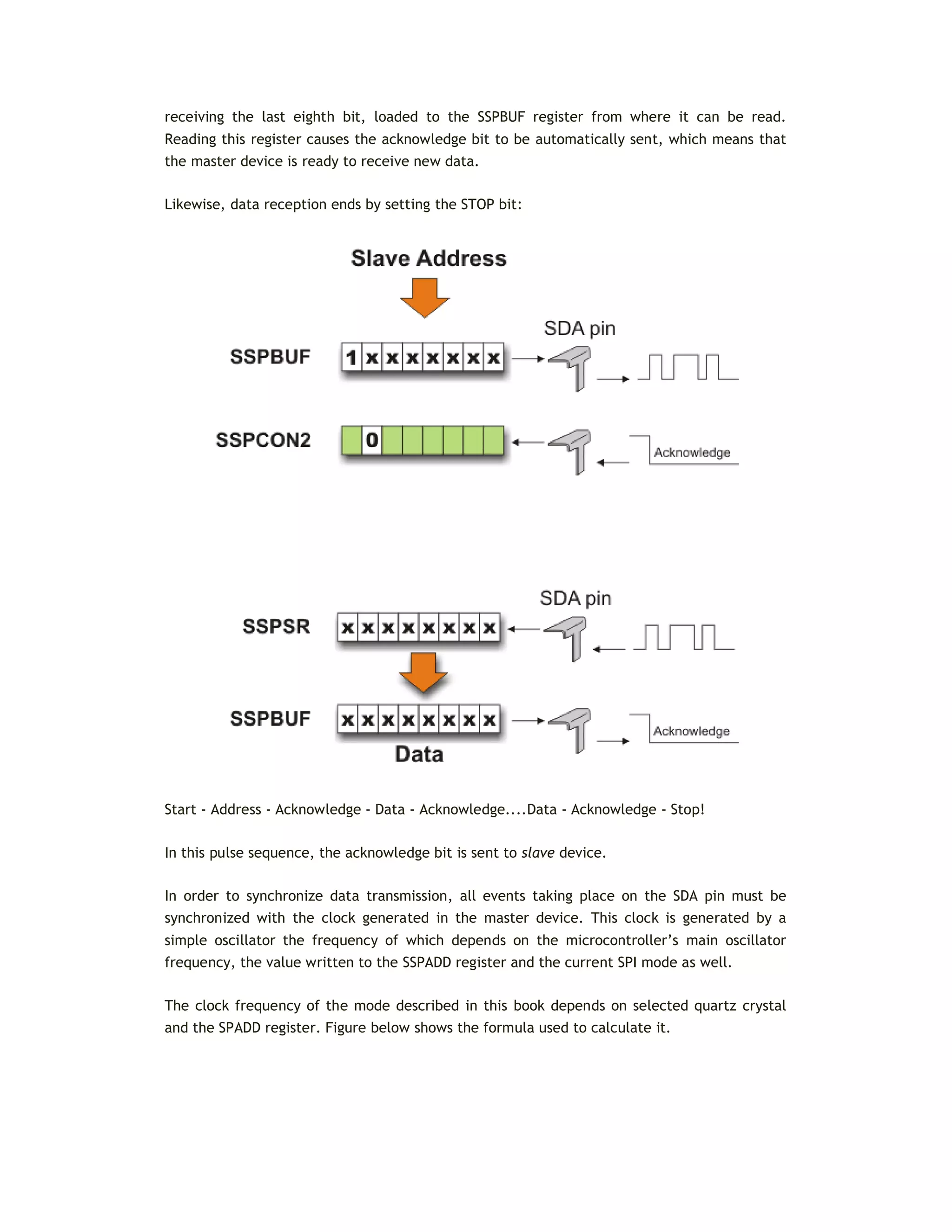 receiving the last eighth bit, loaded to the SSPBUF register from where it can be read.
Reading this register causes the acknowledge bit to be automatically sent, which means that
the master device is ready to receive new data.
Likewise, data reception ends by setting the STOP bit:
Start - Address - Acknowledge - Data - Acknowledge....Data - Acknowledge - Stop!
In this pulse sequence, the acknowledge bit is sent to slave device.
In order to synchronize data transmission, all events taking place on the SDA pin must be
synchronized with the clock generated in the master device. This clock is generated by a
simple oscillator the frequency of which depends on the microcontroller’s main oscillator
frequency, the value written to the SSPADD register and the current SPI mode as well.
The clock frequency of the mode described in this book depends on selected quartz crystal
and the SPADD register. Figure below shows the formula used to calculate it.
 