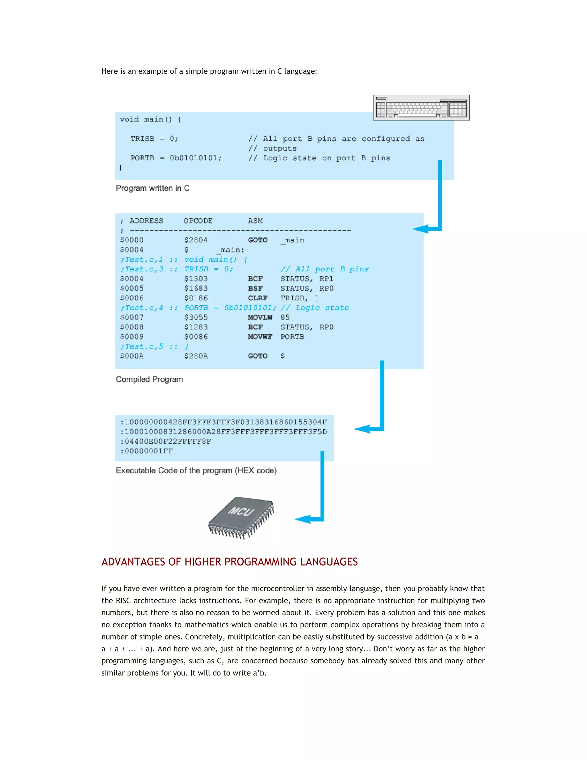 Here is an example of a simple program written in C language:
ADVANTAGES OF HIGHER PROGRAMMING LANGUAGES
If you have ever written a program for the microcontroller in assembly language, then you probably know that
the RISC architecture lacks instructions. For example, there is no appropriate instruction for multiplying two
numbers, but there is also no reason to be worried about it. Every problem has a solution and this one makes
no exception thanks to mathematics which enable us to perform complex operations by breaking them into a
number of simple ones. Concretely, multiplication can be easily substituted by successive addition (a x b = a +
a + a + ... + a). And here we are, just at the beginning of a very long story... Don’t worry as far as the higher
programming languages, such as C, are concerned because somebody has already solved this and many other
similar problems for you. It will do to write a*b.
 