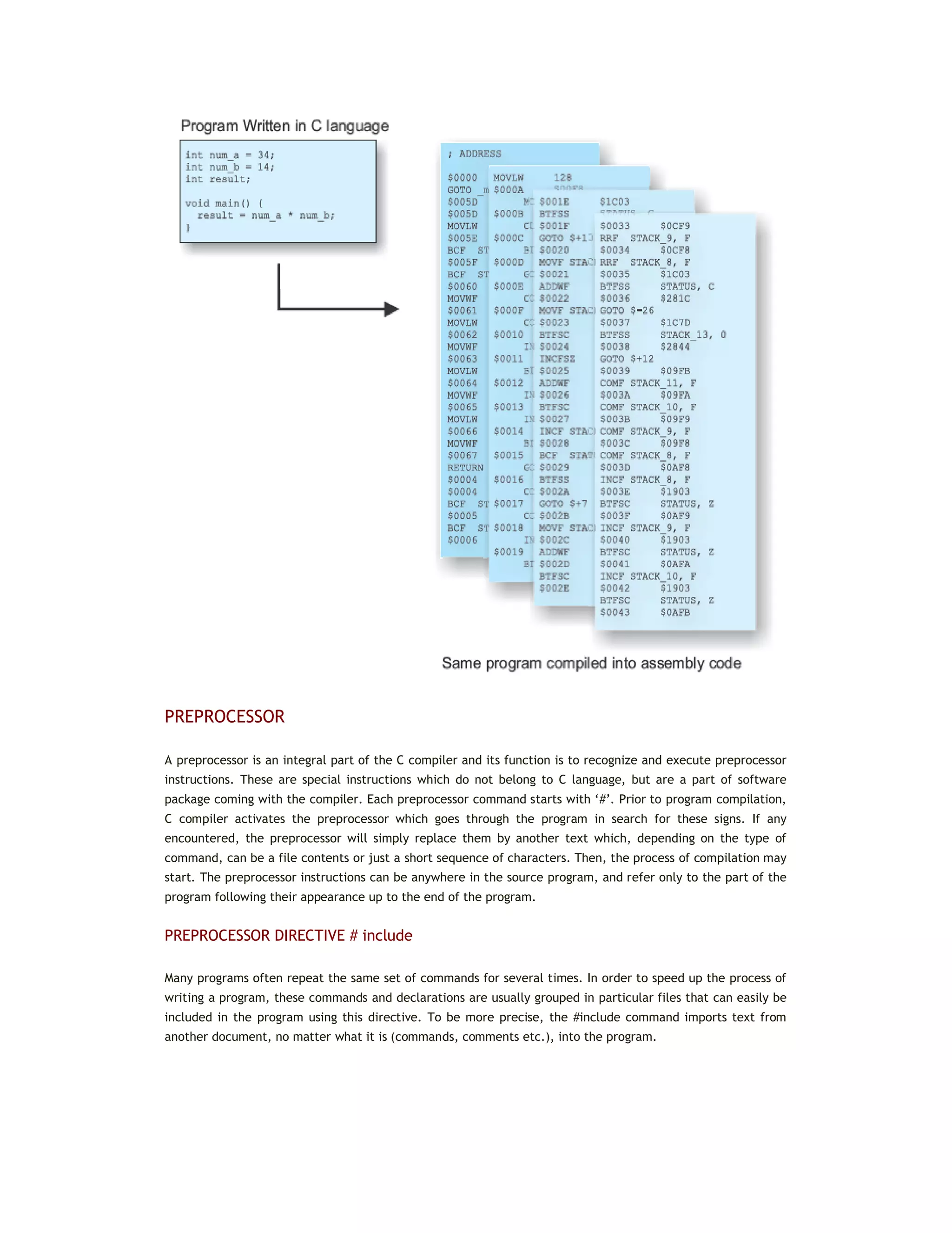 PREPROCESSOR
A preprocessor is an integral part of the C compiler and its function is to recognize and execute preprocessor
instructions. These are special instructions which do not belong to C language, but are a part of software
package coming with the compiler. Each preprocessor command starts with ‘#’. Prior to program compilation,
C compiler activates the preprocessor which goes through the program in search for these signs. If any
encountered, the preprocessor will simply replace them by another text which, depending on the type of
command, can be a file contents or just a short sequence of characters. Then, the process of compilation may
start. The preprocessor instructions can be anywhere in the source program, and refer only to the part of the
program following their appearance up to the end of the program.
PREPROCESSOR DIRECTIVE # include
Many programs often repeat the same set of commands for several times. In order to speed up the process of
writing a program, these commands and declarations are usually grouped in particular files that can easily be
included in the program using this directive. To be more precise, the #include command imports text from
another document, no matter what it is (commands, comments etc.), into the program.
 