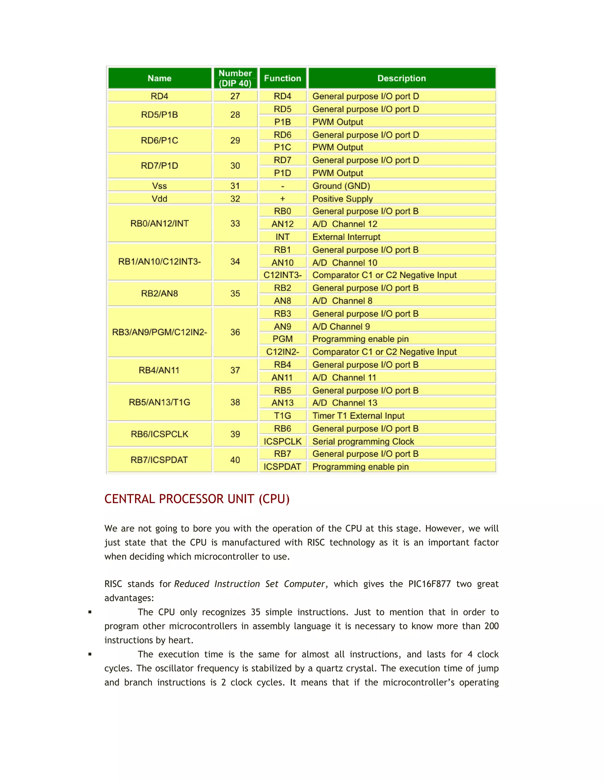 CENTRAL PROCESSOR UNIT (CPU)
We are not going to bore you with the operation of the CPU at this stage. However, we will
just state that the CPU is manufactured with RISC technology as it is an important factor
when deciding which microcontroller to use.
RISC stands for Reduced Instruction Set Computer, which gives the PIC16F877 two great
advantages:
 The CPU only recognizes 35 simple instructions. Just to mention that in order to
program other microcontrollers in assembly language it is necessary to know more than 200
instructions by heart.
 The execution time is the same for almost all instructions, and lasts for 4 clock
cycles. The oscillator frequency is stabilized by a quartz crystal. The execution time of jump
and branch instructions is 2 clock cycles. It means that if the microcontroller’s operating
 
