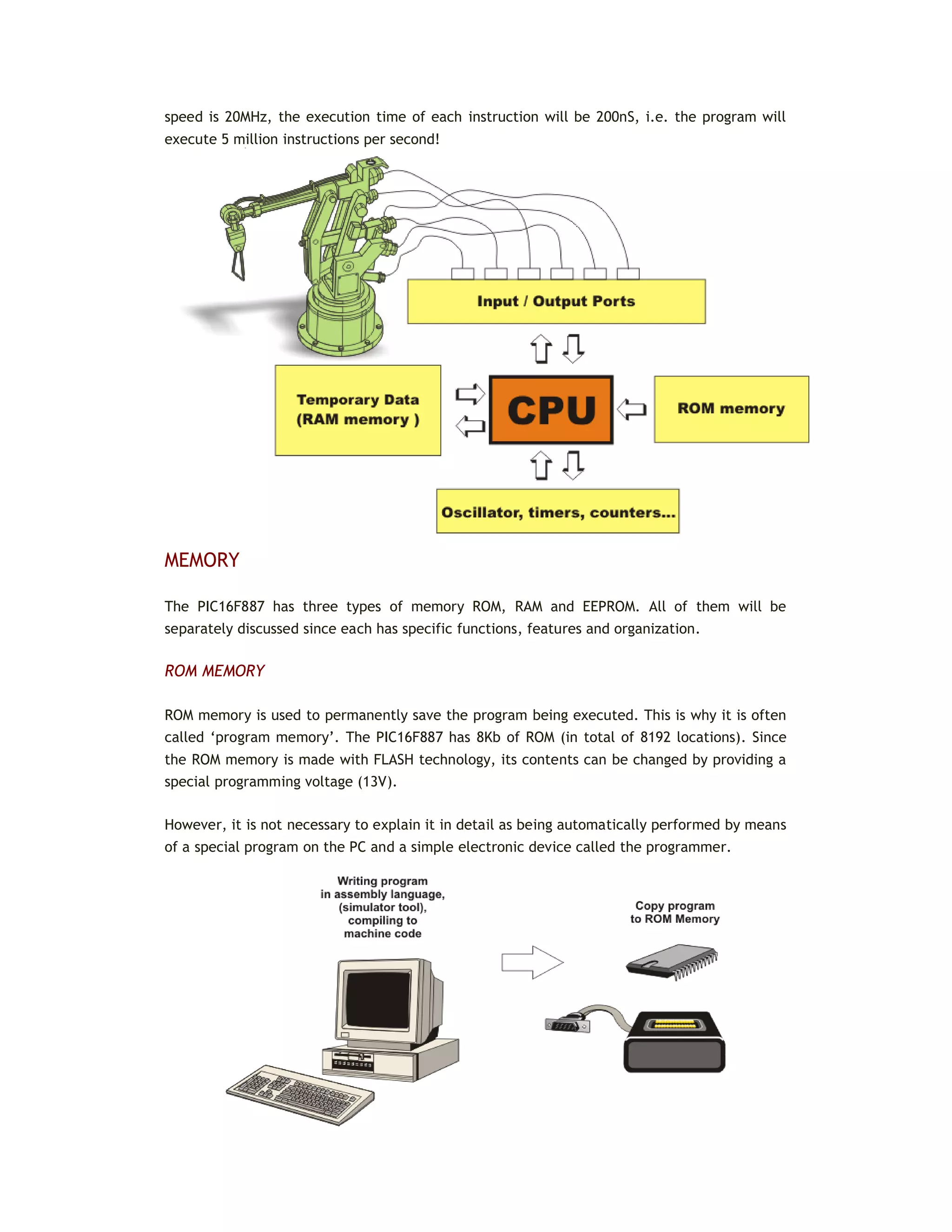 speed is 20MHz, the execution time of each instruction will be 200nS, i.e. the program will
execute 5 million instructions per second!
MEMORY
The PIC16F887 has three types of memory ROM, RAM and EEPROM. All of them will be
separately discussed since each has specific functions, features and organization.
ROM MEMORY
ROM memory is used to permanently save the program being executed. This is why it is often
called ‘program memory’. The PIC16F887 has 8Kb of ROM (in total of 8192 locations). Since
the ROM memory is made with FLASH technology, its contents can be changed by providing a
special programming voltage (13V).
However, it is not necessary to explain it in detail as being automatically performed by means
of a special program on the PC and a simple electronic device called the programmer.
 