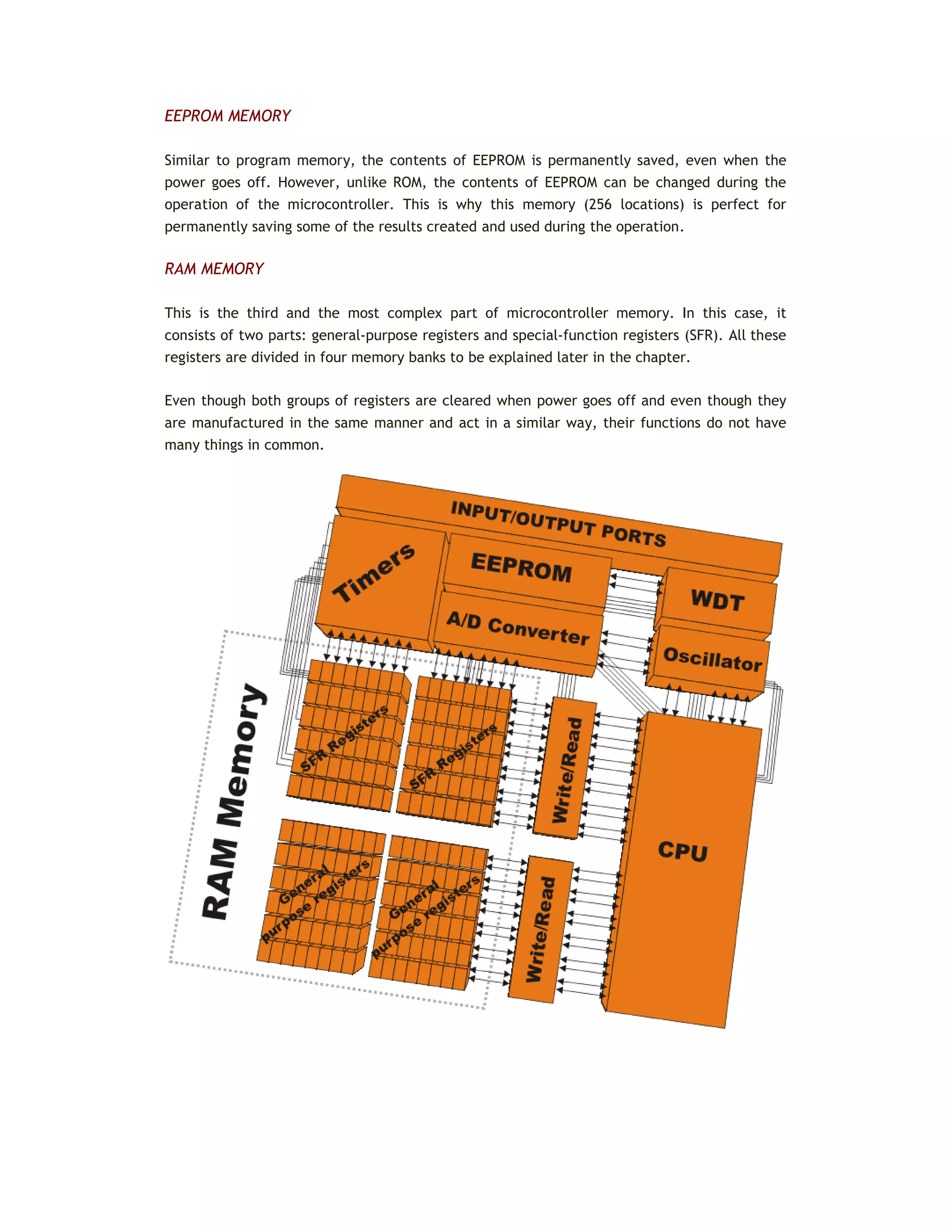 EEPROM MEMORY
Similar to program memory, the contents of EEPROM is permanently saved, even when the
power goes off. However, unlike ROM, the contents of EEPROM can be changed during the
operation of the microcontroller. This is why this memory (256 locations) is perfect for
permanently saving some of the results created and used during the operation.
RAM MEMORY
This is the third and the most complex part of microcontroller memory. In this case, it
consists of two parts: general-purpose registers and special-function registers (SFR). All these
registers are divided in four memory banks to be explained later in the chapter.
Even though both groups of registers are cleared when power goes off and even though they
are manufactured in the same manner and act in a similar way, their functions do not have
many things in common.
 