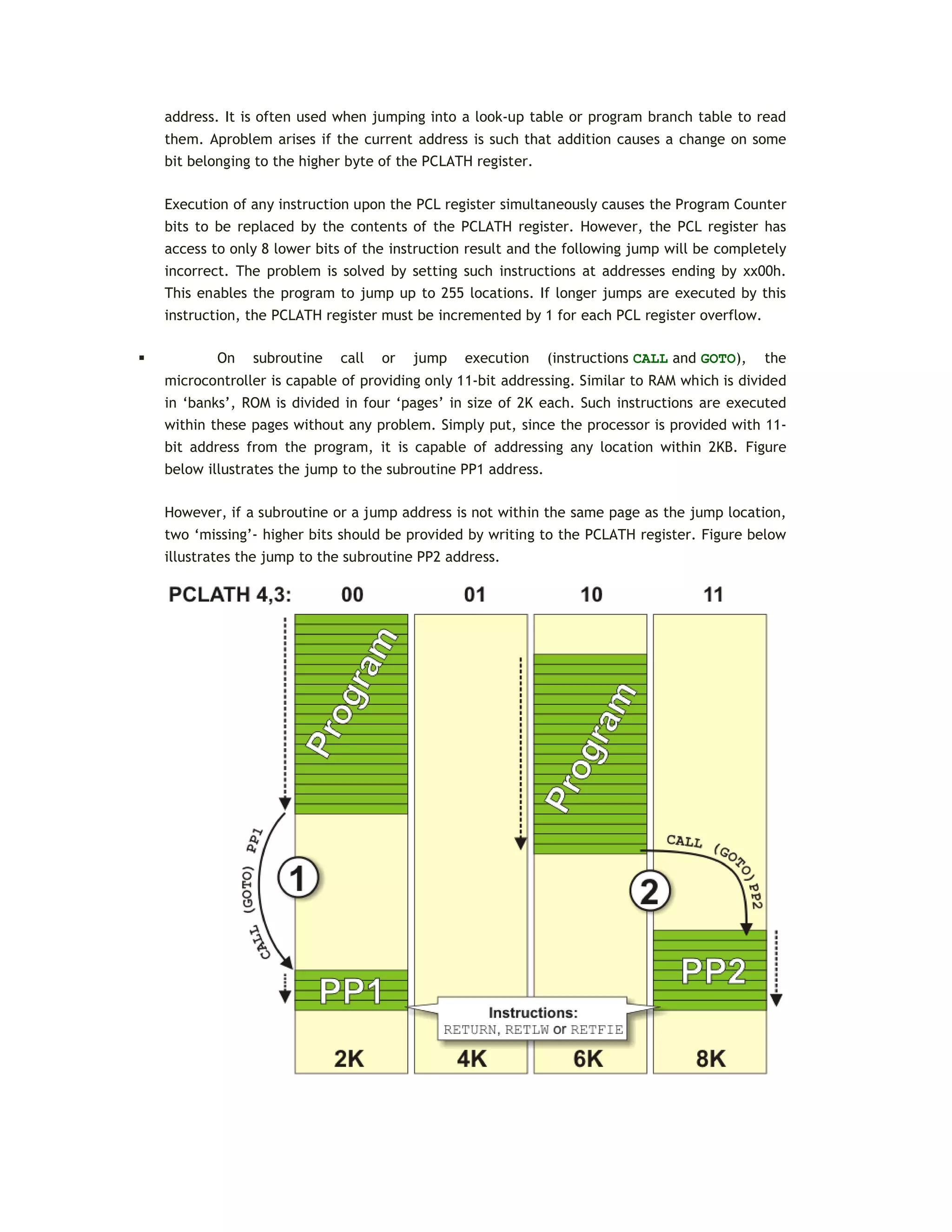 address. It is often used when jumping into a look-up table or program branch table to read
them. Aproblem arises if the current address is such that addition causes a change on some
bit belonging to the higher byte of the PCLATH register.
Execution of any instruction upon the PCL register simultaneously causes the Program Counter
bits to be replaced by the contents of the PCLATH register. However, the PCL register has
access to only 8 lower bits of the instruction result and the following jump will be completely
incorrect. The problem is solved by setting such instructions at addresses ending by xx00h.
This enables the program to jump up to 255 locations. If longer jumps are executed by this
instruction, the PCLATH register must be incremented by 1 for each PCL register overflow.
 On subroutine call or jump execution (instructions CALL and GOTO), the
microcontroller is capable of providing only 11-bit addressing. Similar to RAM which is divided
in ‘banks’, ROM is divided in four ‘pages’ in size of 2K each. Such instructions are executed
within these pages without any problem. Simply put, since the processor is provided with 11-
bit address from the program, it is capable of addressing any location within 2KB. Figure
below illustrates the jump to the subroutine PP1 address.
However, if a subroutine or a jump address is not within the same page as the jump location,
two ‘missing’- higher bits should be provided by writing to the PCLATH register. Figure below
illustrates the jump to the subroutine PP2 address.
 