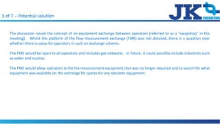 3 of 7 C Potential solution
The discussion raised the concept of an equipment exchange between operators (referred to as a swapshop in the
meeting). Whilst the platform of the flow measurement exchange (FME) was not detailed, there is a question over
whether there is value for operators in such an exchange scheme.
The FME would be open to all operators and includes gas networks. In future, it could possibly include industries such
as water and nuclear.
The FME would allow operators to list the measurement equipment that was no longer required and to search for what
equipment was available on the exchange for spares for any obsolete equipment.
 