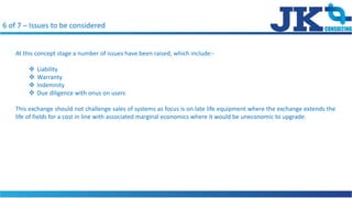6 of 7 C Issues to be considered
At this concept stage a number of issues have been raised, which include:-
? Liability
? Warranty
? Indemnity
? Due diligence with onus on users
This exchange should not challenge sales of systems as focus is on late life equipment where the exchange extends the
life of fields for a cost in line with associated marginal economics where it would be uneconomic to upgrade.
 