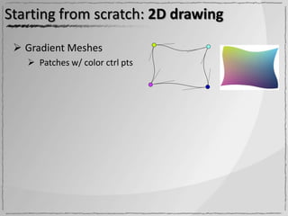 Starting from scratch: 2D drawing

  Gradient Meshes
    Patches w/ color ctrl pts
 