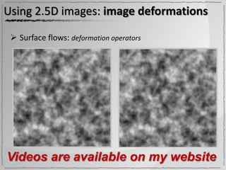 Using 2.5D images: image deformations

  Surface flows: deformation operators




Videos are available on my website
 